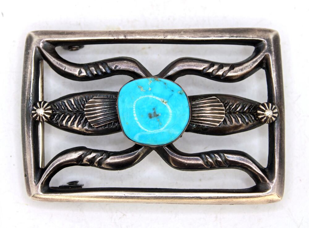 Pete Morgan Signed Sandcast Sterling Silver Turquoise Navajo Belt Buckle
